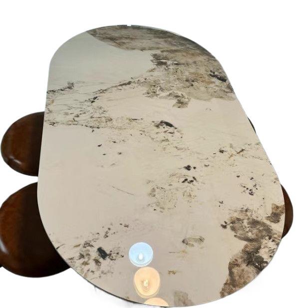 French cream oval dining table with marble top and full baseboard - vintage, high-end, compact, modern, and light luxury dining table for home use
