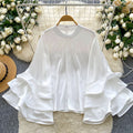 European and american chic ruffle trim flared sleeve satin blouse - women's  autumn collection, high-end versatile top