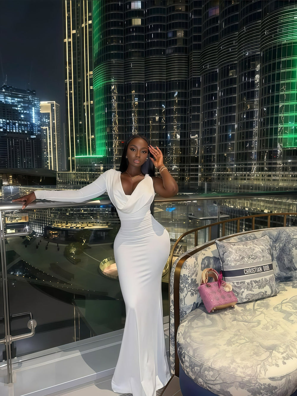 European and american cross-border women's fashion:  autumn new arrival - solid color one-sleeve deep v-neck bodycon elegant long dress