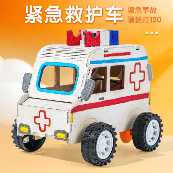Ambulance wooden handmade DIY technology small production circuit parallel science experiment STEAM classroom teaching aid model