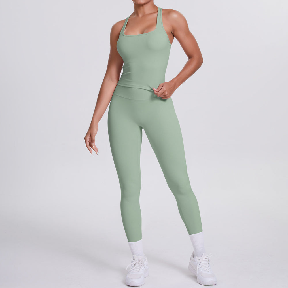 fashion double-sided brushed pure color tight i-shaped back sports suit running fitness yoga clothes two-piece set