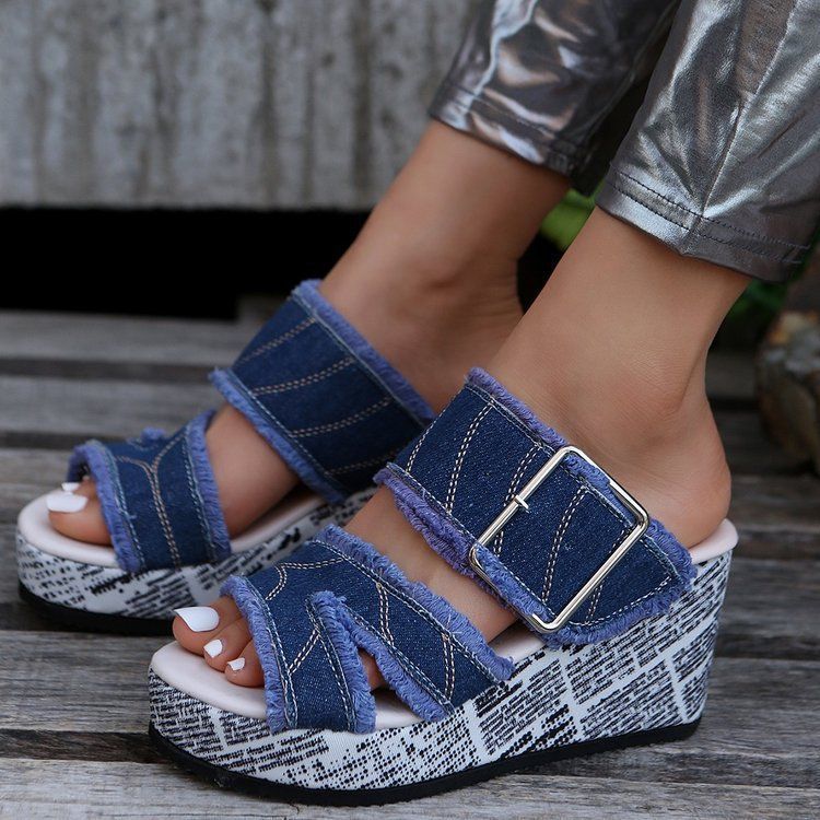 Fashionexportplus size one-piece buckle high-heeled slippers women's wedge heel thick sole cloth beach sandals independent station