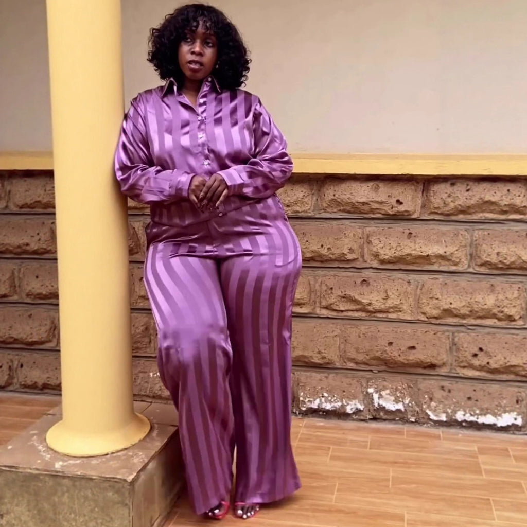 European and American large size lapel striped cardigan shirt top trousers women's African loose foreign style fashion new two-piece set