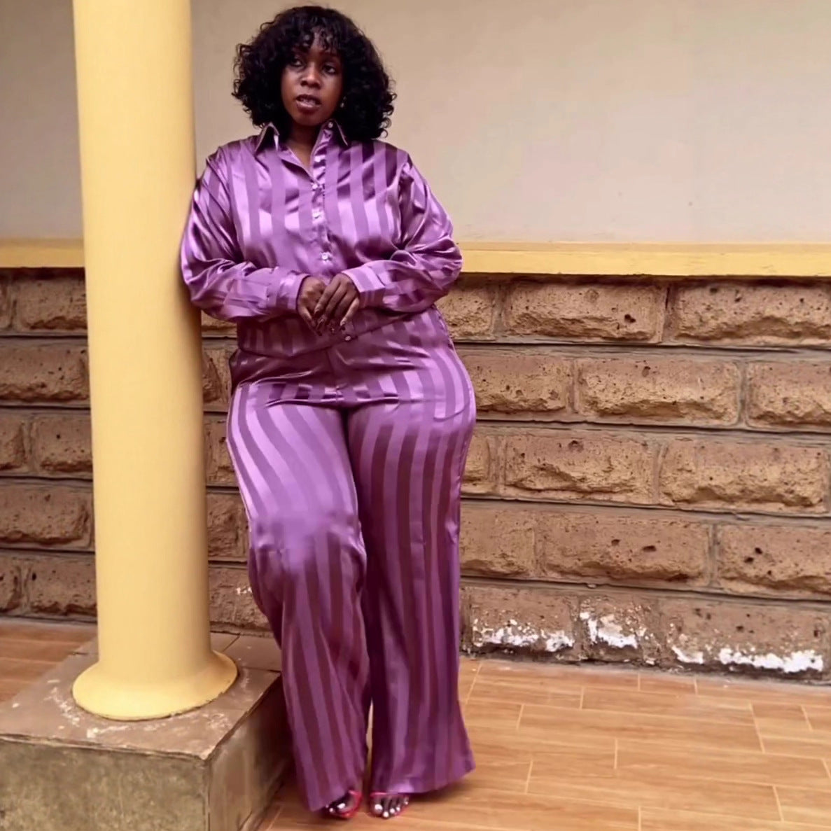 European and American large size lapel striped cardigan shirt top trousers women's African loose foreign style fashion new two-piece set