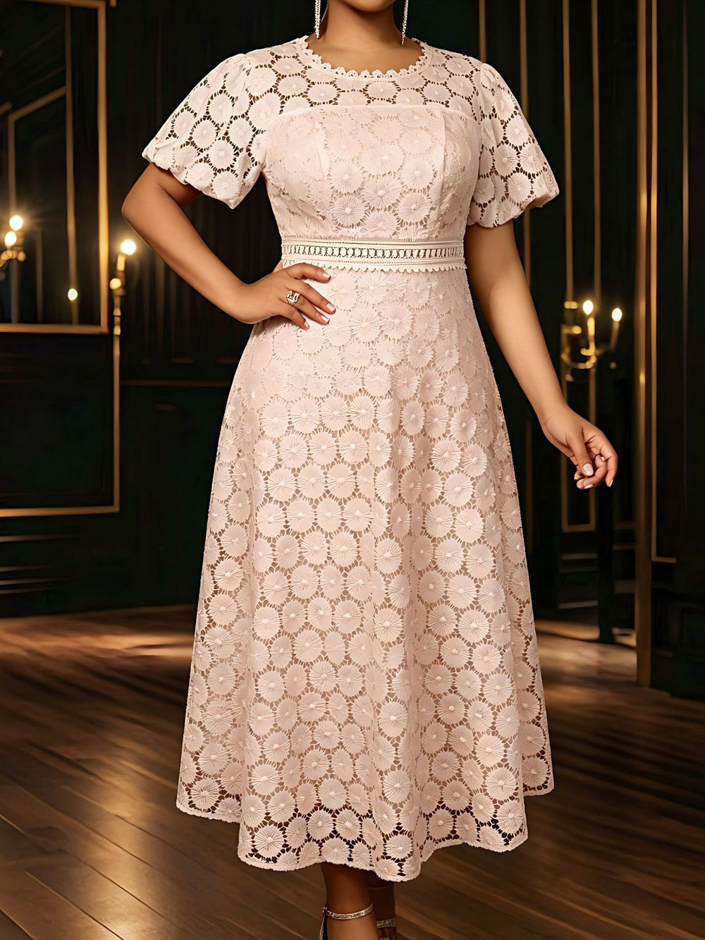 african plus size round neck lace puff sleeve dress high waist silma swing banquet evening dress dress