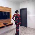 European and american cross-border women's clothing  autumn/winter new collection: long-sleeved, round neck, printed, slim-fit, elegant long dress set