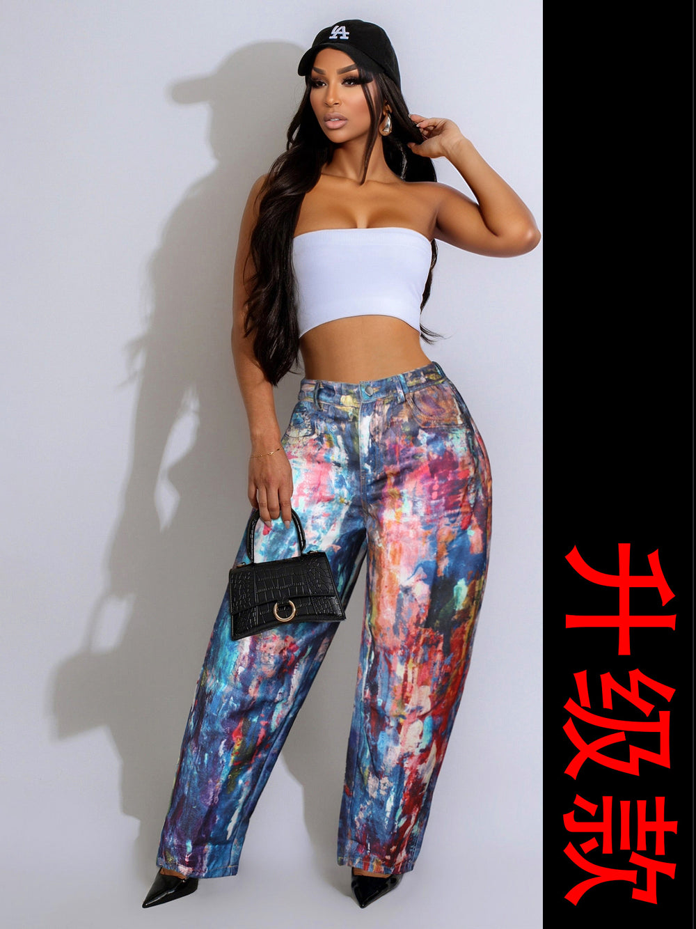 new cross-border dirty denim leather 3d print wide-leg scimitar pants dopamine casual women's trousers
