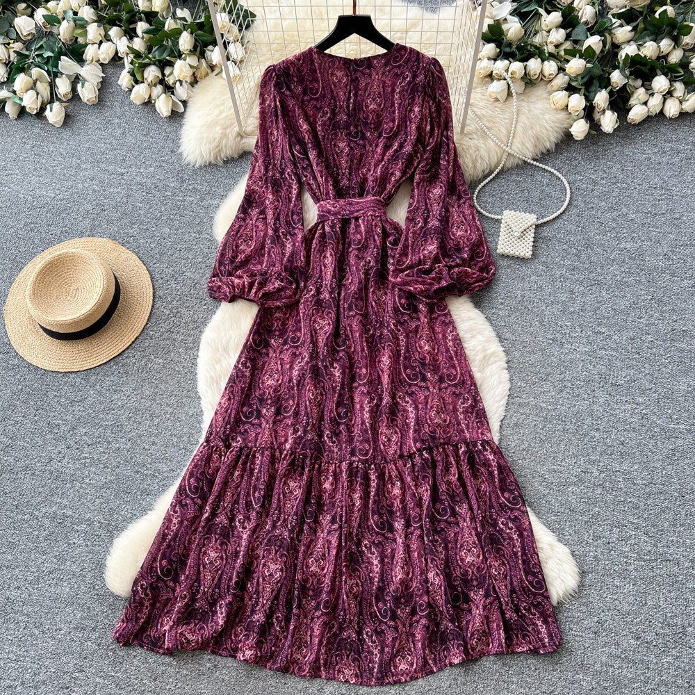 French lady style printingloosedress women's spring & falllong sleeves strap waist a-line long skirt slimming lookelegant skirt