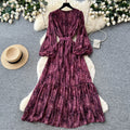 French lady style printingloosedress women's spring & falllong sleeves strap waist a-line long skirt slimming lookelegant skirt