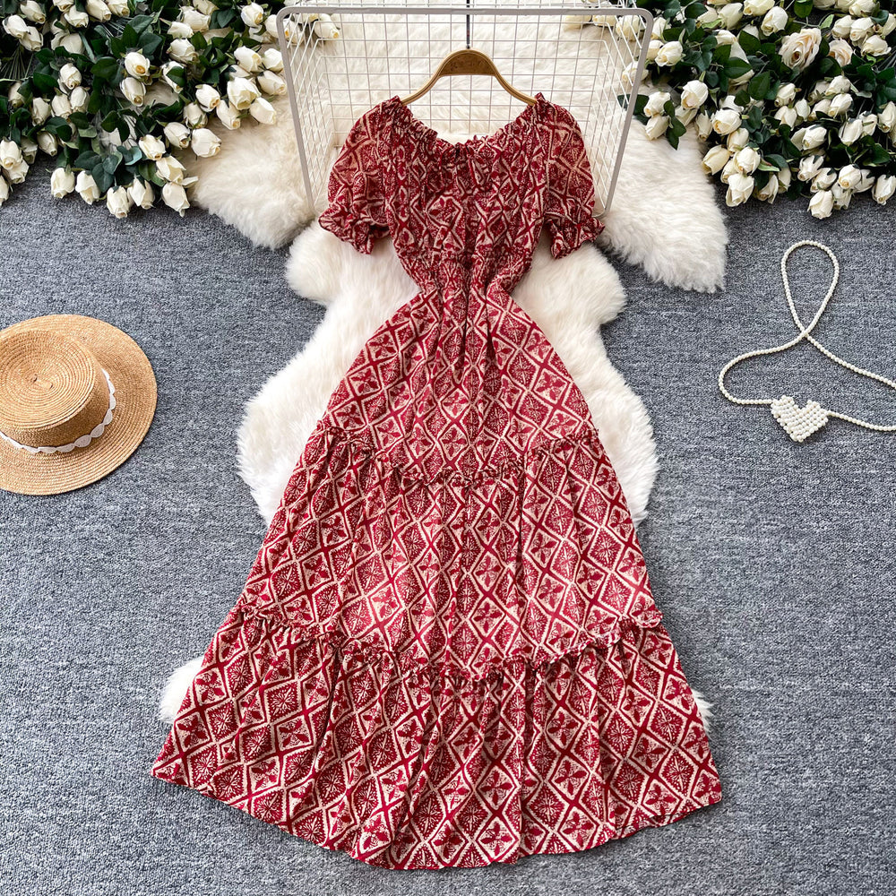 French chic red floral print dress - women's summer korean style ruffle hem a-line maxi dress - slimming and elegant