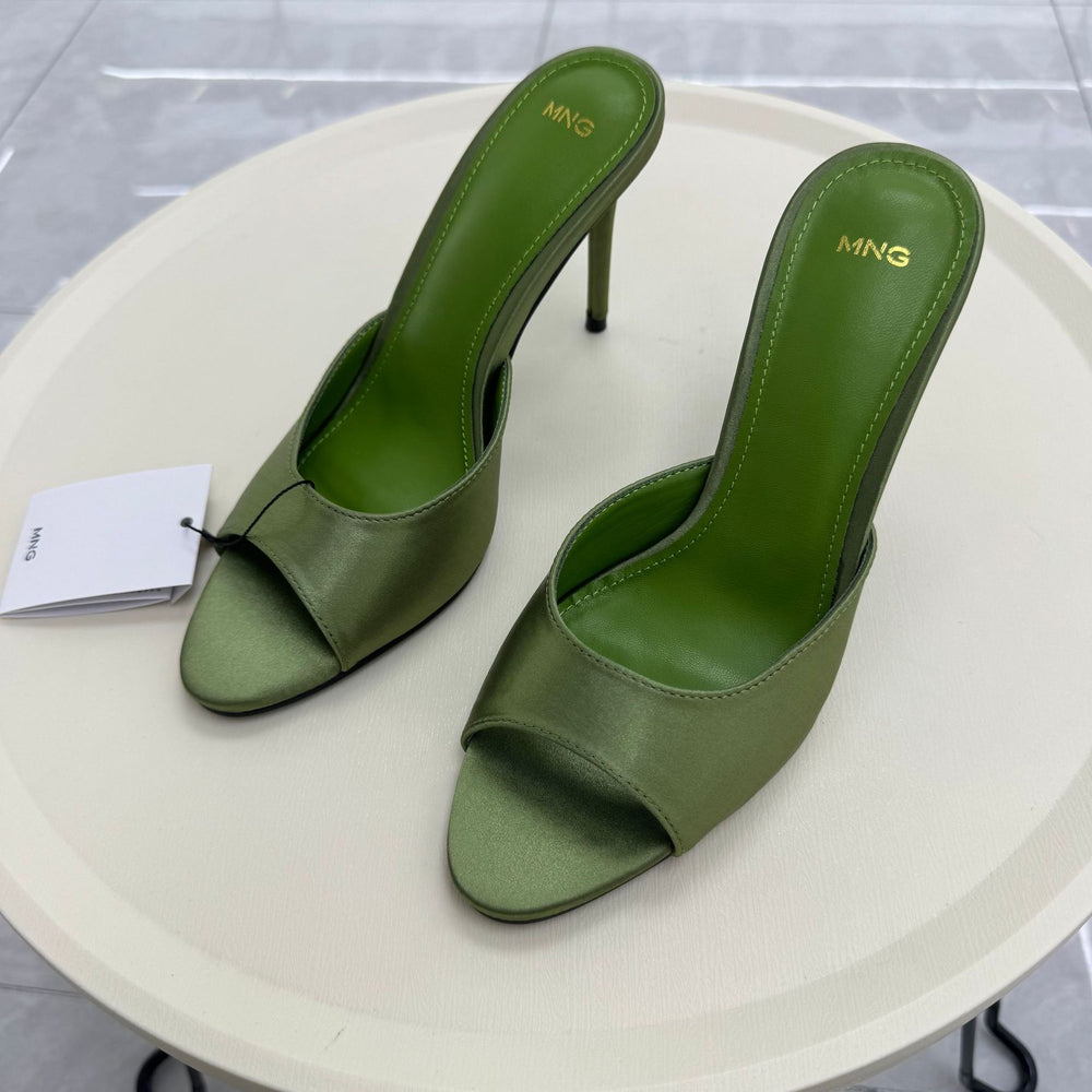 Mng green sandals: new summer 2026 collection - satin open-toe high heels, stiletto heel, and thong sandals for women's outdoor wear