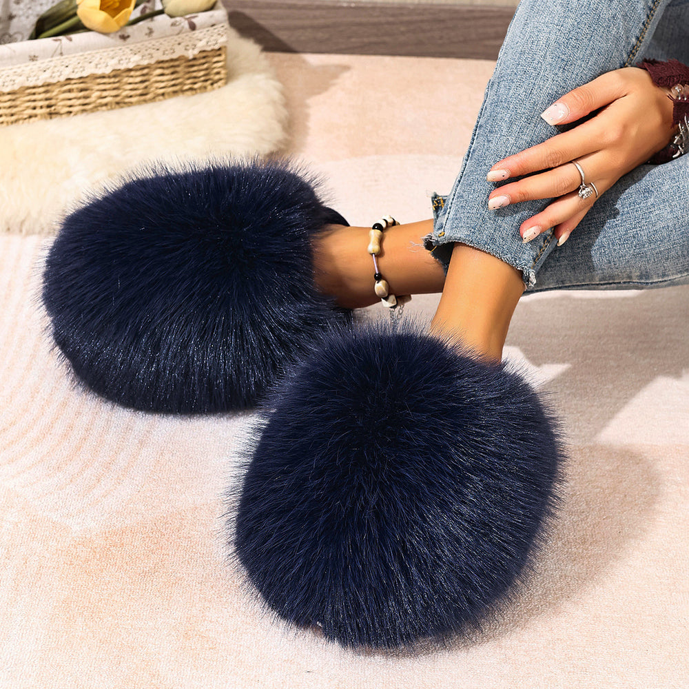 plus sizepure color fluffy large fur slippers soft bottom winter toe-cap home heattech multi-color cotton slippers