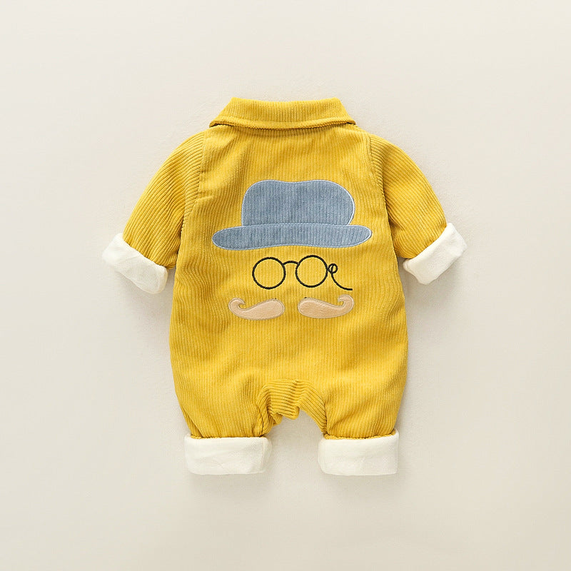 Baby outing one-piece clothes autumn winterthickened haki 0-1 years old baby boy climbing suit corduroy one-piece