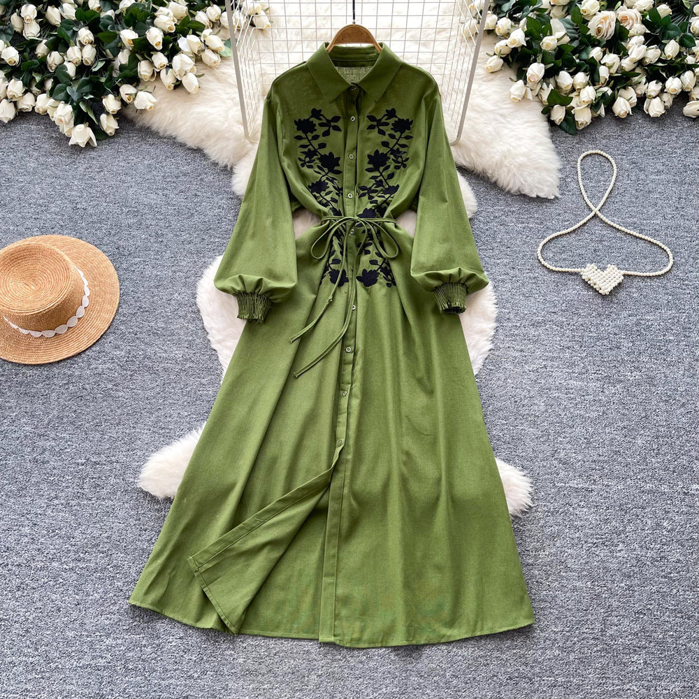 Retroartsyembroider silm type dress women's summerlong sleeves lapel waist a-line skirt slimming lookelegant long skirt