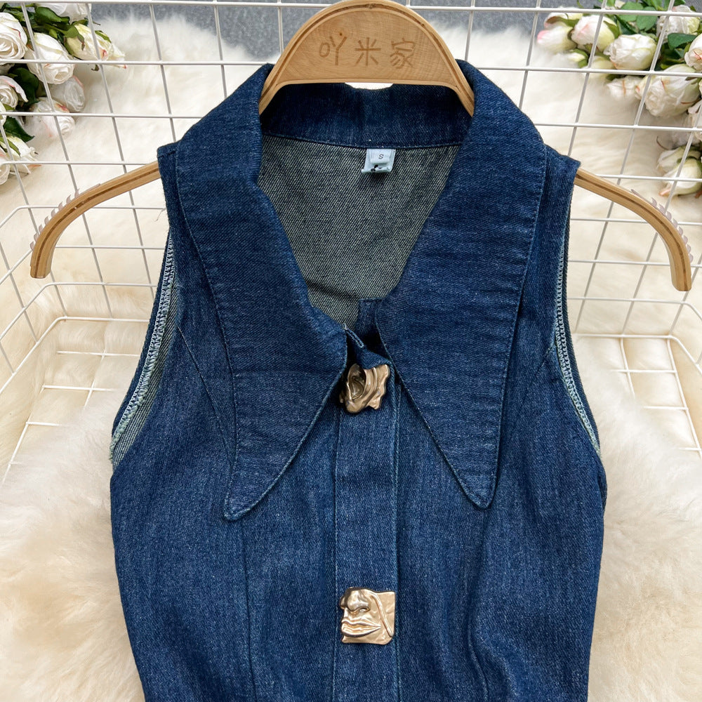 Retro lapel cut out waist exposed waist slimming look sleeveless single breasted a-line slit denim dress casual long skirt