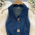 Retro lapel cut out waist exposed waist slimming look sleeveless single breasted a-line slit denim dress casual long skirt