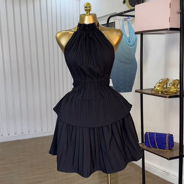 European and American  women's clothing 2025 summer new temperament fungus edge pleated halter strap-up top skirt set