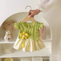 Infant and toddler floral patchwork flutter-sleeve cotton dress, new summer style for baby girls, with ruffled trim and vest-style princess dress
