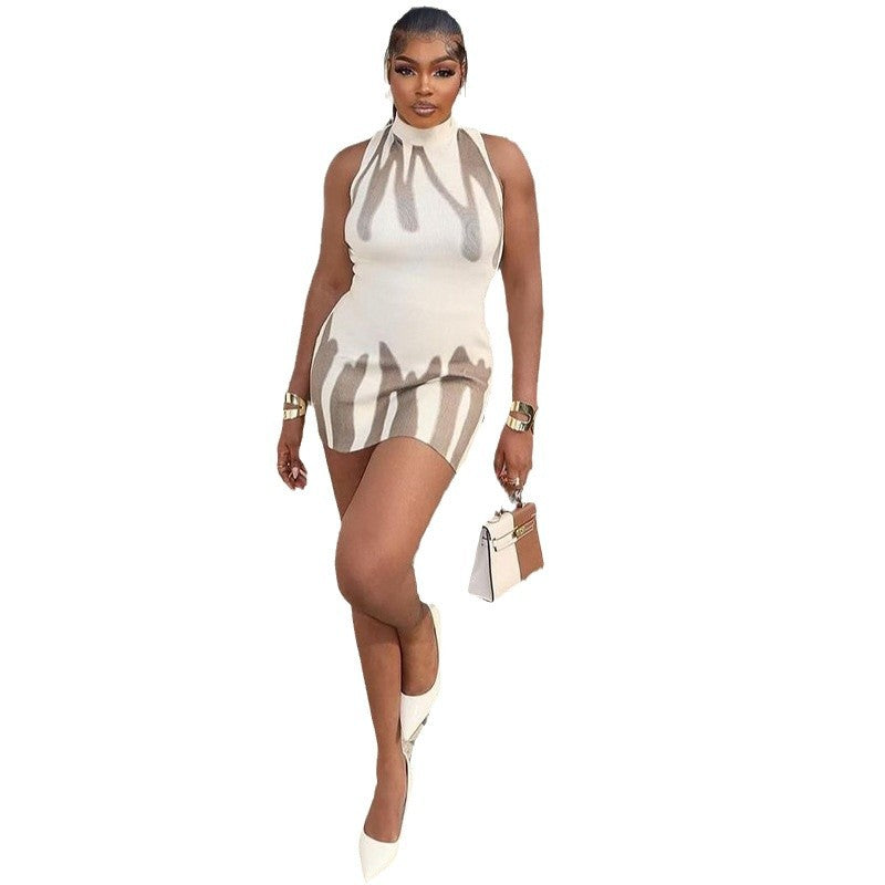 European and american style ins foreign trade women's fashion printed dress - round neck, pullover, sleeveless, slim fit, short dress - trendy dress