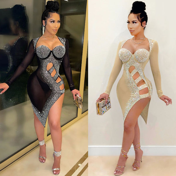 X5207  new products, European and American fashion women's clothing, sexy nightclub hollow split mesh yarn perspective hot diamond dress
