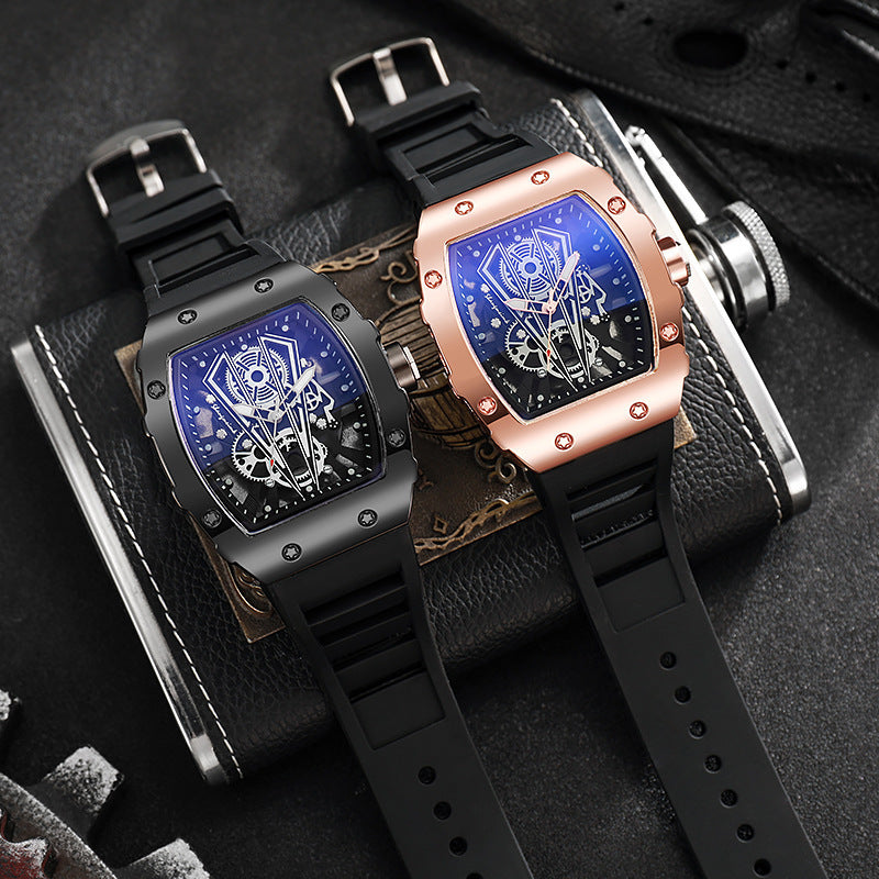 Hollow richard barrel shape aliexpress cross-border quartz watch men's silicone watch men's business calendar sports watch