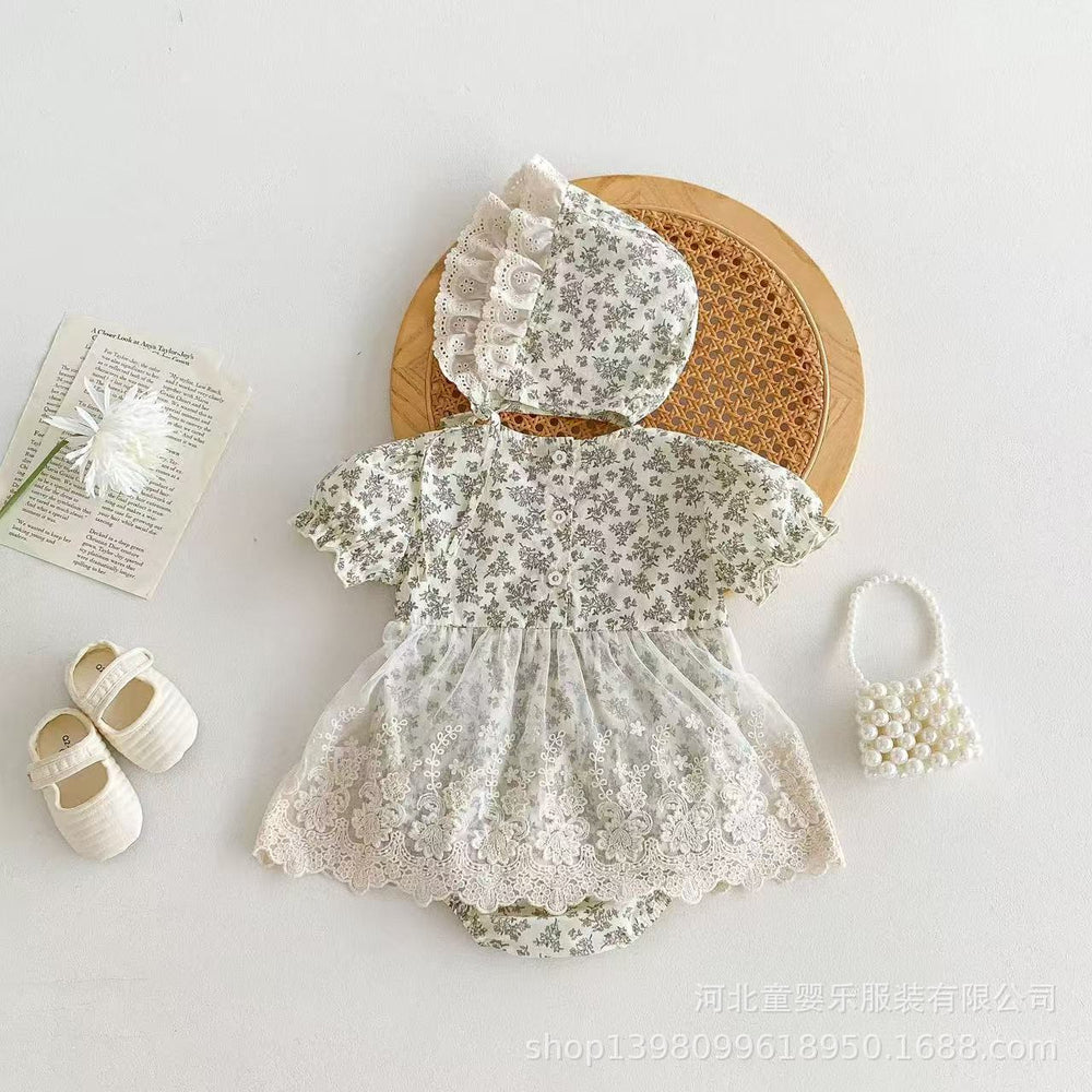 Newborn baby summer romper dress - baby girl short sleeve lace outfit - 100-day celebration dress - princess style outerwear - crawling suit - trendy