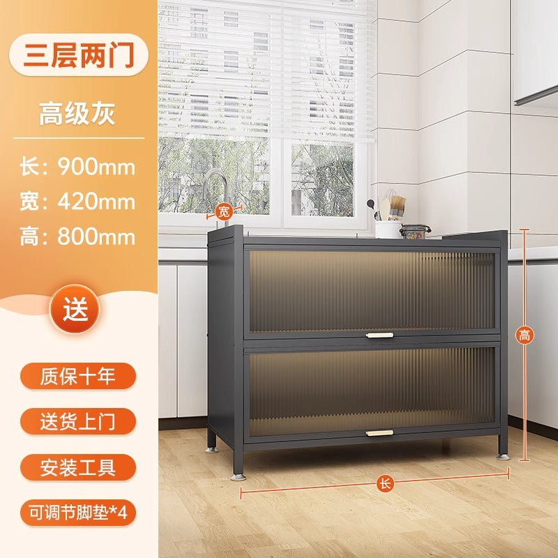 Kitchen thickened carbon steel storage rack floor-standing multi-layer dust-proof storage cabinet microwave oven with door multi-functional storage cabinet