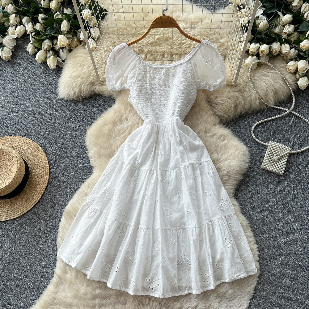 French chic one-shoulder bubble sleeve a-line dress - women's summer korean style short sleeve high waist slimming elegant dress