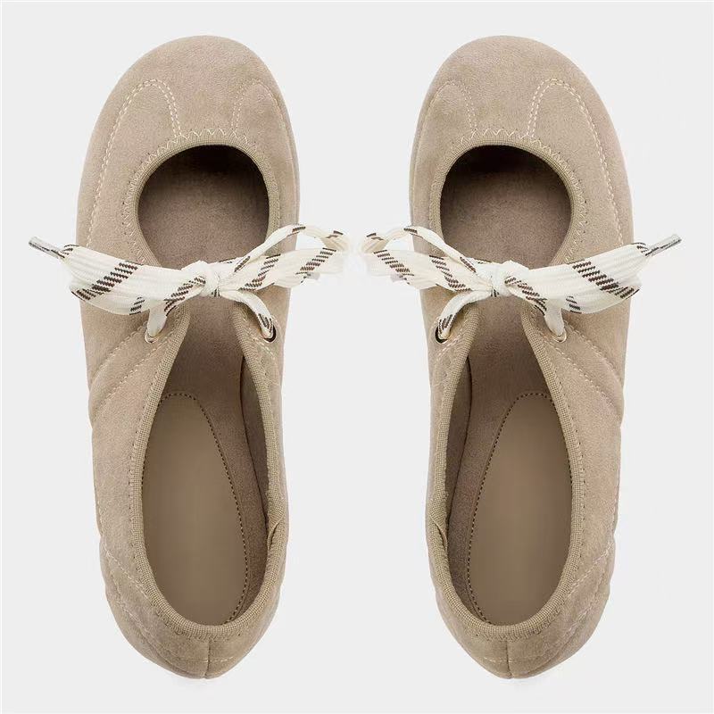 Za2026 summer new women's shoes - beige brown suede lace-up ballet flats with front tie