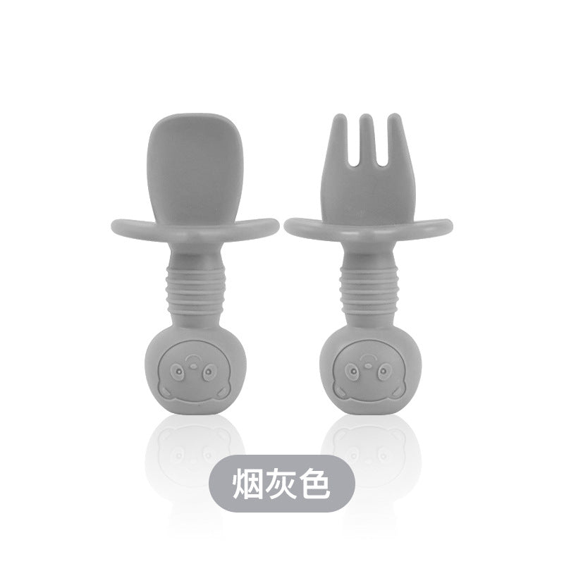 Food grade silicone fork and spoon baby learning to eat training licking spoon short handle silicone complementary food spoon mini baby soft spoon