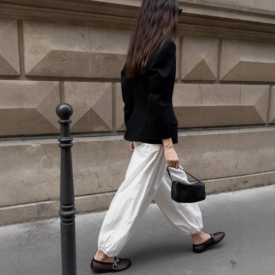 2025 autumn new street white bud casual trousers women's  European and American thin high-waisted yoga balloon trousers