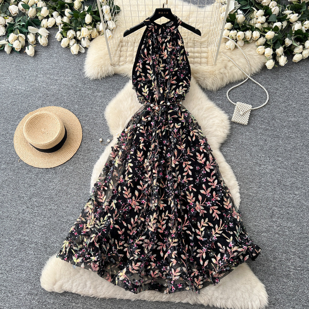 French riviera style halter floral dress - women's summer  high-waisted slimming yellow a-line maxi dress