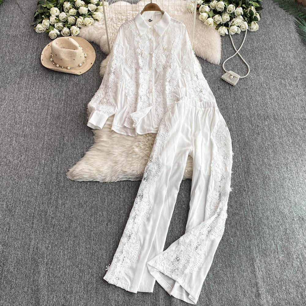 French chic heavy lace trim long sleeve shirt & elastic high waist wide leg pants two-piece set for women