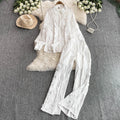 French chic heavy lace trim long sleeve shirt & elastic high waist wide leg pants two-piece set for women
