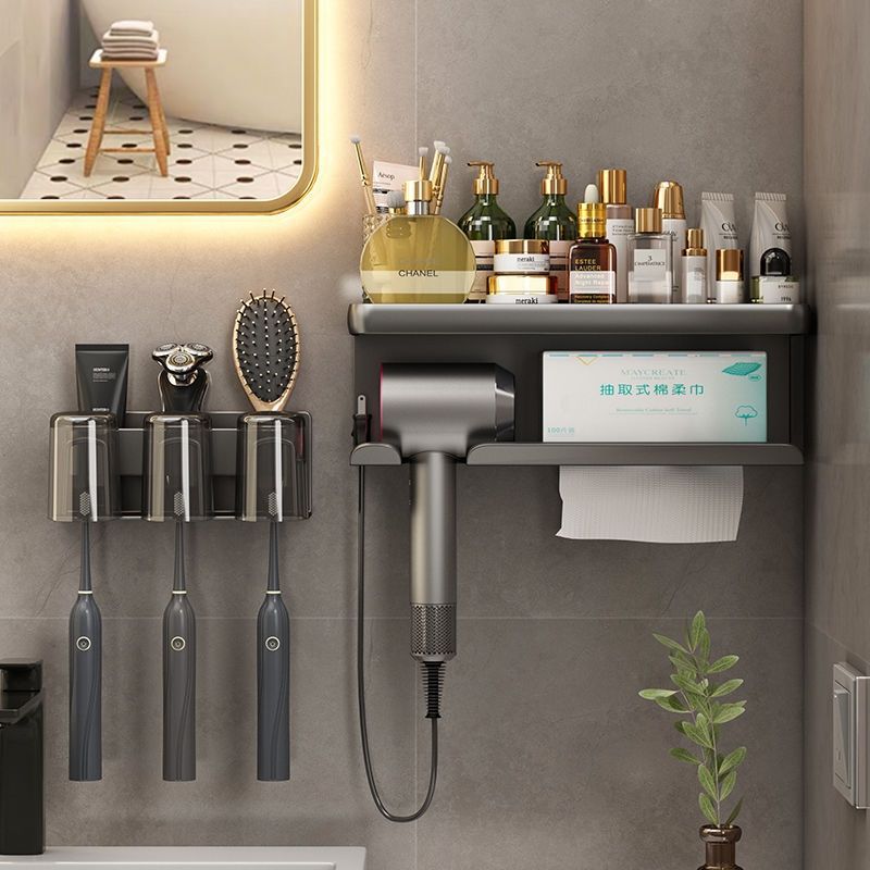 Bathroom cosmetic storage rack hair dryer holder bathroom gun gray wall-mounted paper towel storage rack hair dryer