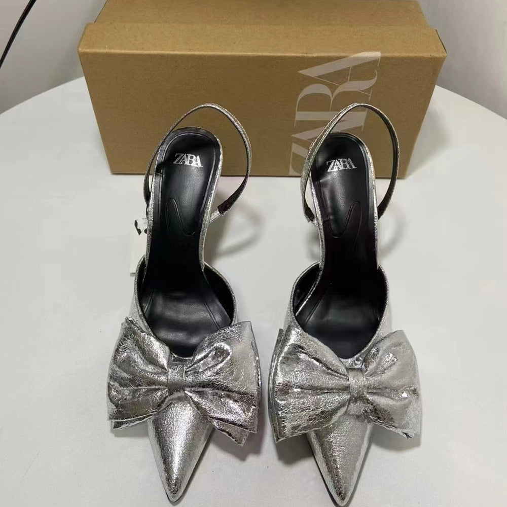 2024za new spanish trendy brand silver pointed-toe bow heels with metallic crackle detail and slingback stiletto heels for women