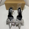 2024za new spanish trendy brand silver pointed-toe bow heels with metallic crackle detail and slingback stiletto heels for women