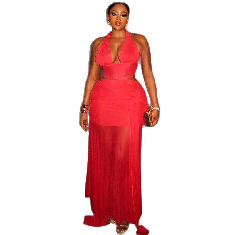 European and American  women's clothing 2025 summer new sexy neck halter suspender top strap skirt set