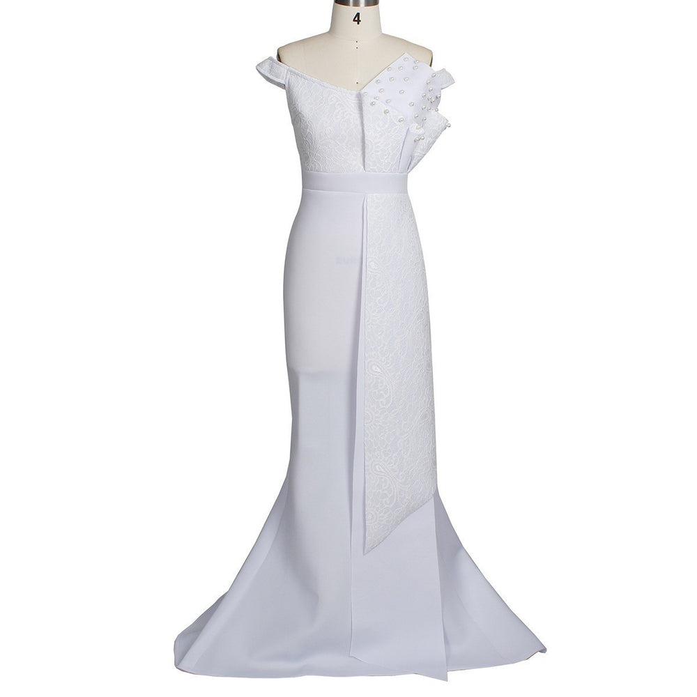 spring/summer new arrival: cross-border ins style irregular lace off-the-shoulder handmade ruffle beaded bodycon dress