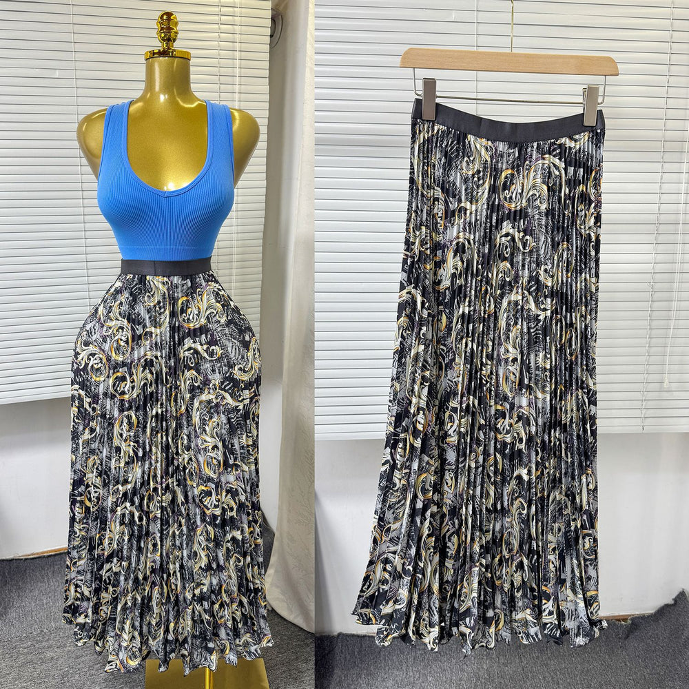 export  spring/summer new arrival: printed pleated a-line midi skirt with elastic waist and full sweep