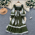 Vintage print long sleeve korean style square neck dress - women's summer a-line bohemian maxi dress with cinched waist