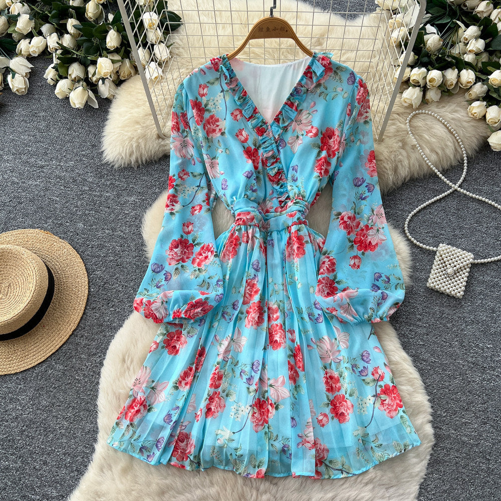 French floral print dress for women, spring  collection: long sleeve, v-neck, tie-waist, a-line silhouette – slimming, elegant, and chic