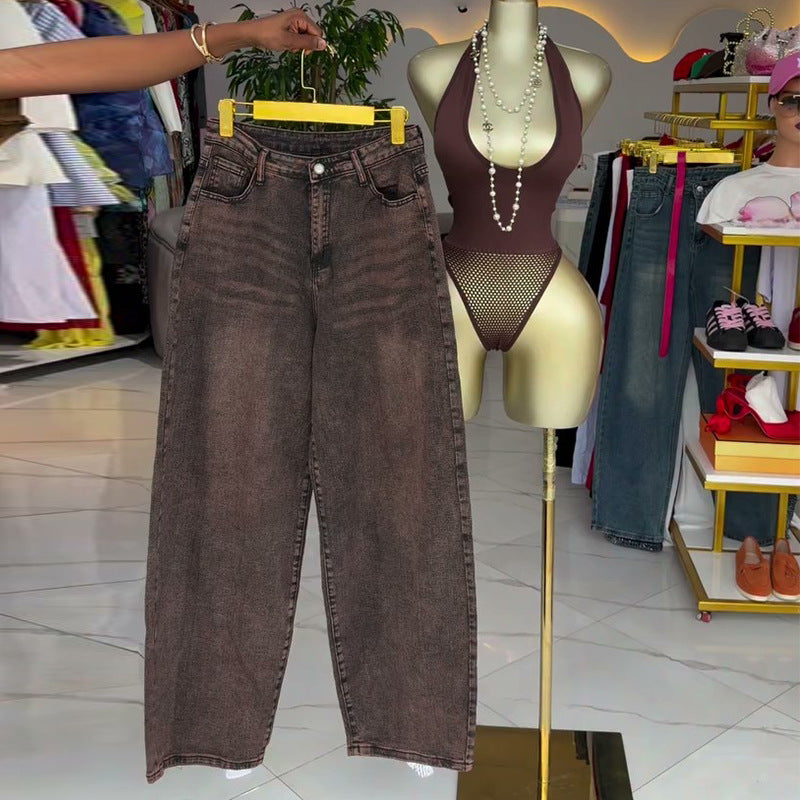 European and american cross-border women's fashion:  summer new arrivals - niche vintage high-waisted loose wide-leg casual straight-leg jeans for women