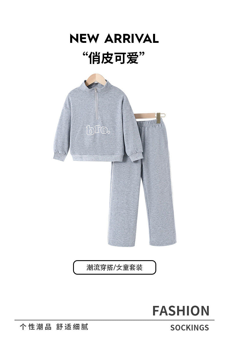 Export kidssweatshirtsuitretro zipper stand collar gray long sleevestops sports pants children's home two-piece set