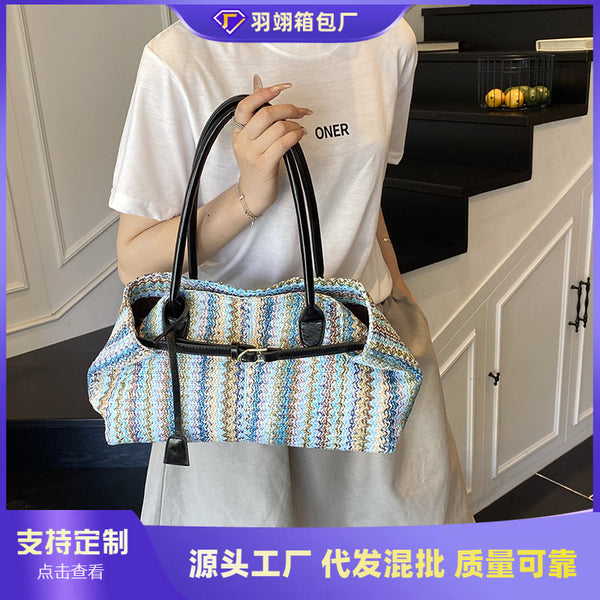 Cross-border summer striped small bag women's 2025 new fashion commuter straw bag seaside vacation shoulder tote bag