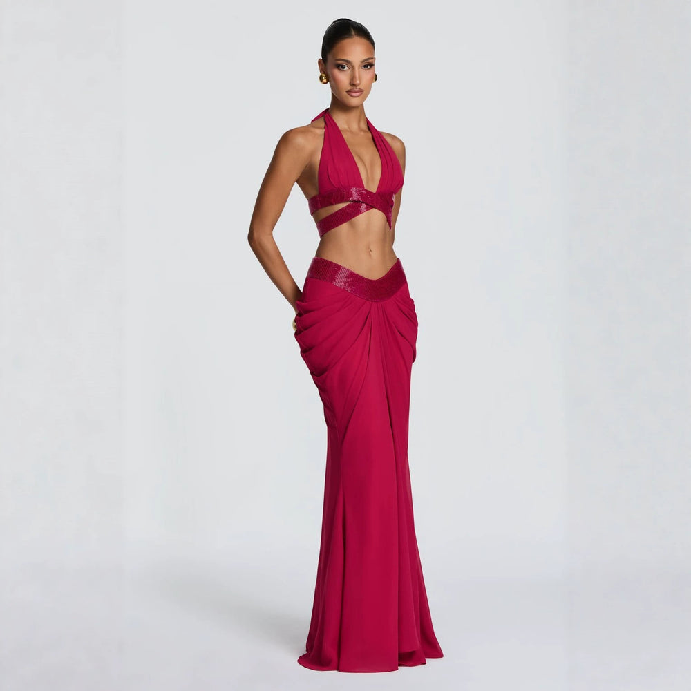 Amazon women's halter deep v sequin waistless suspender sexy back strap pleated hip skirt suit