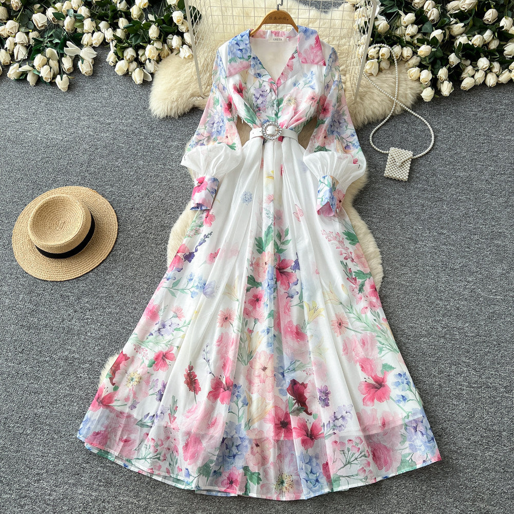 French holiday style printingsilm dress for women spring & fallv neck lantern sleeves waist strap a-line work clothing long skirt