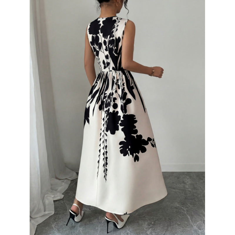 Women's summer new french chic casual minimalist printed cinched waist sleeveless midi dress - perfect for work