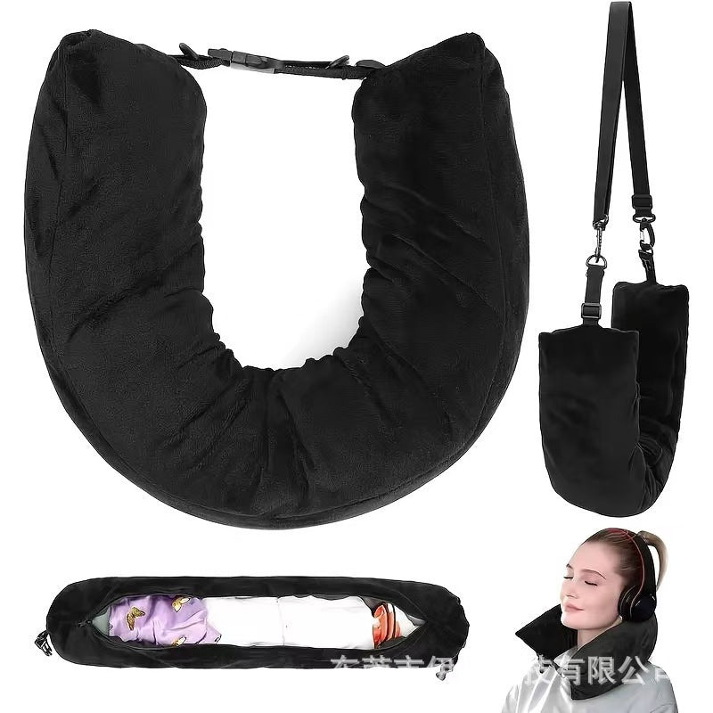 Amazon travel neck pillow cover storage bag portable travel bag plush u-shaped pillow clothing inflatable