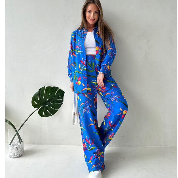 Spot European and American  supply 2024 fashionable and bright printing lace-up large size loose shirt straight pants set